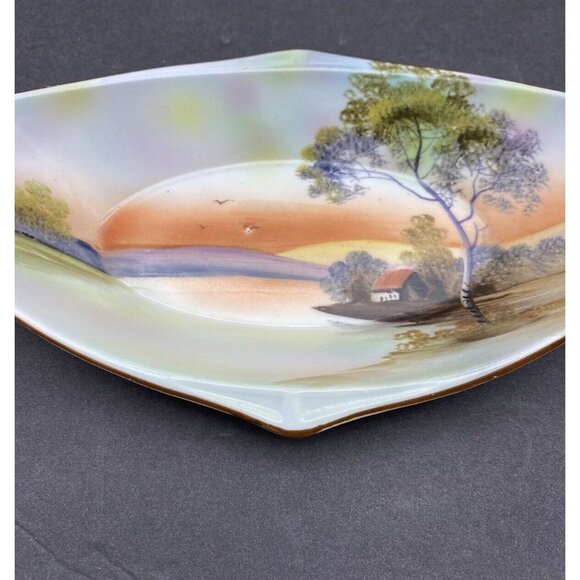 Vintage Noritake Celery Dish Hand Painted House Lake Japan Oblong Decorative - Picture 4 of 13